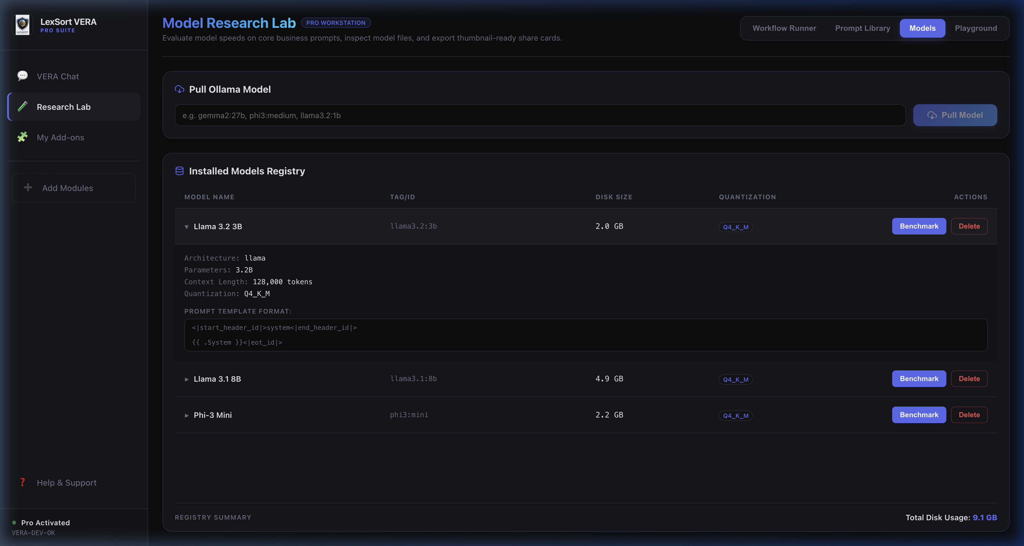 VERA Pro Model Manager — view installed GGUF and Ollama models with disk usage