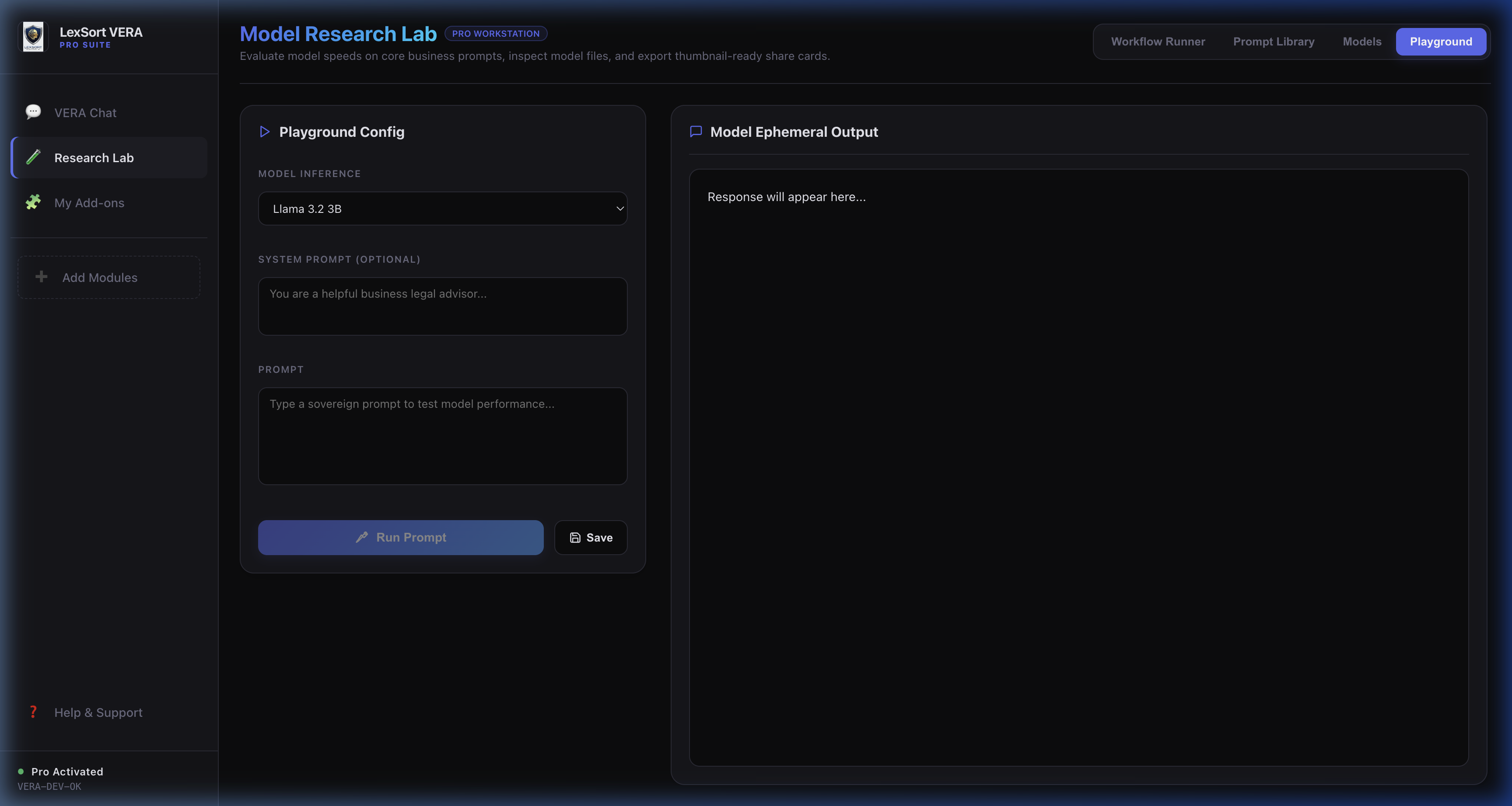 VERA Pro Playground — test system prompts and model parameters with side-by-side output