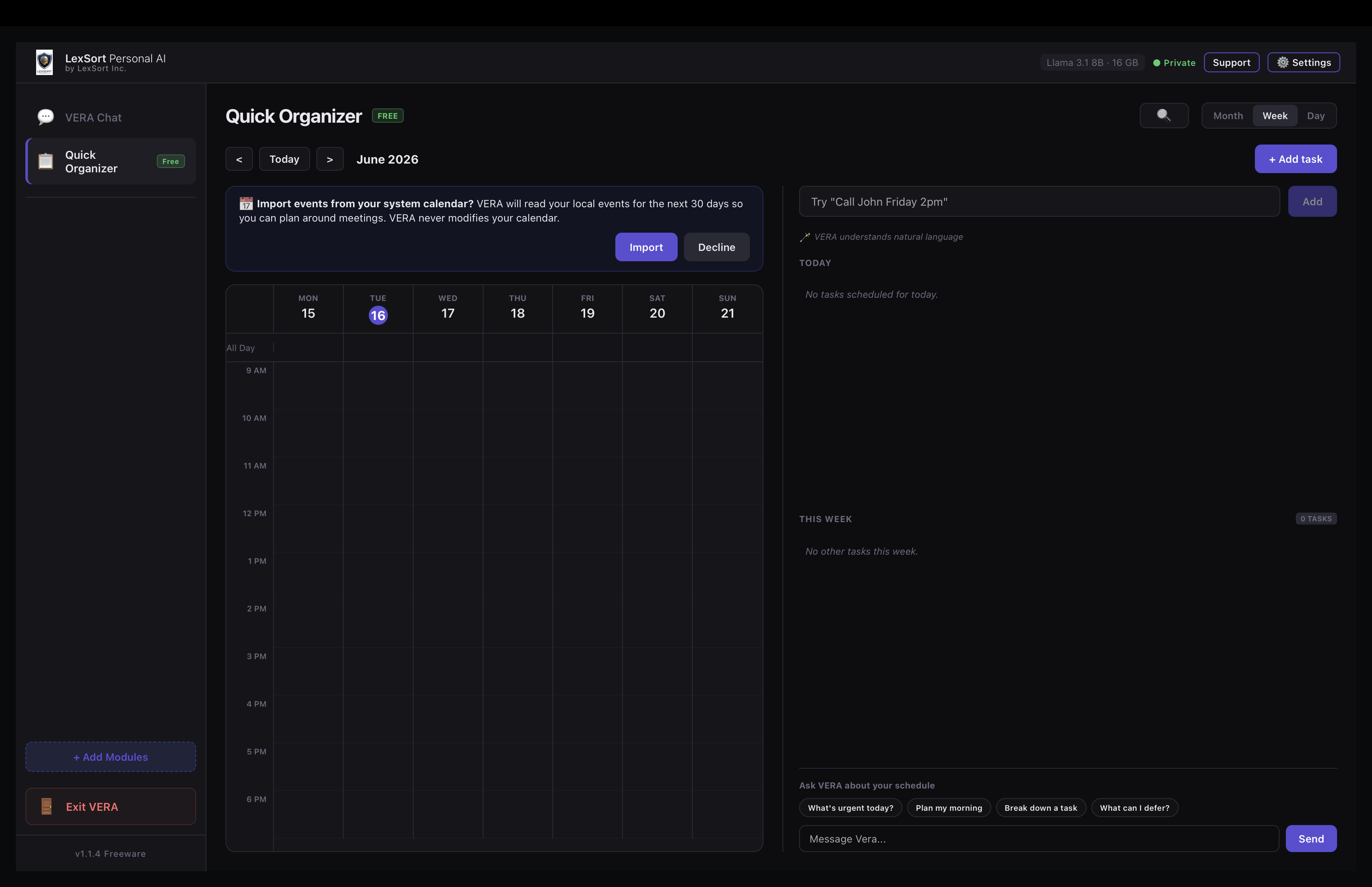 LexSort Vera Quick Organizer module — AI-powered calendar and task management