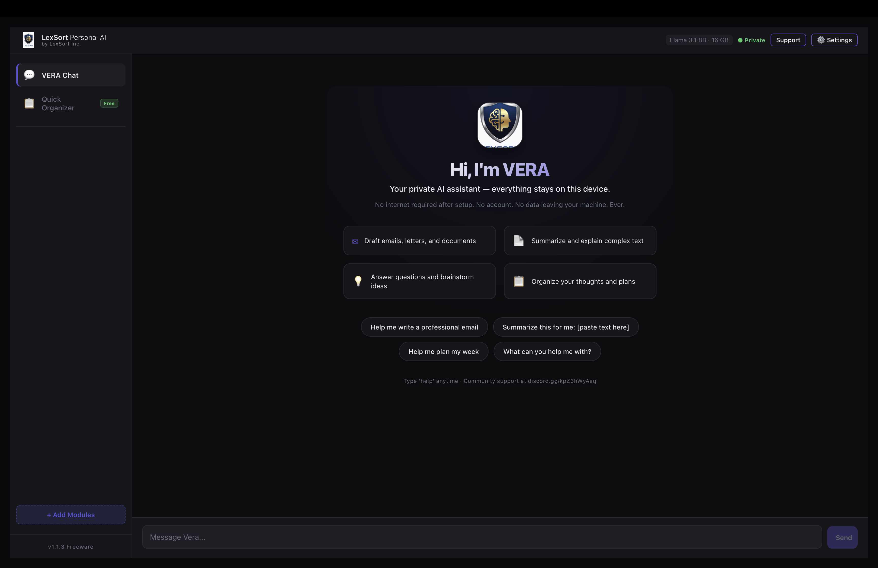 LexSort Vera VERA Chat — Private AI assistant running locally on your machine